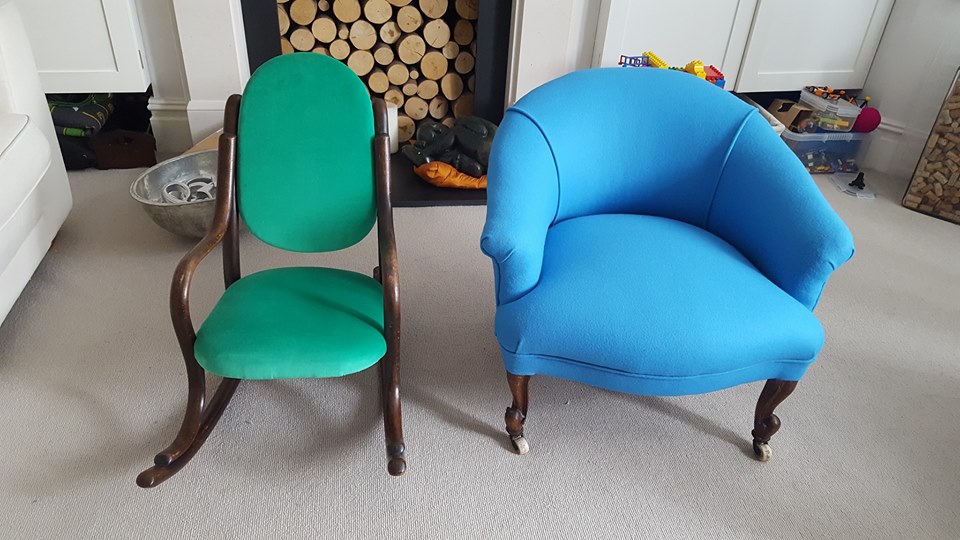 Green chair and blue armchair upholstered